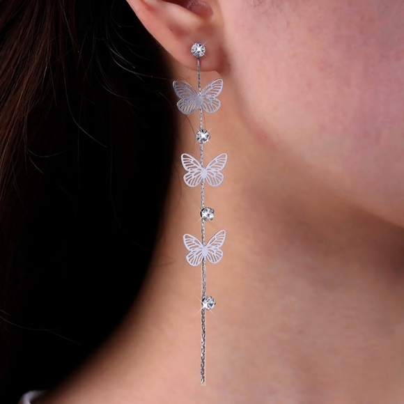 Butterfly Filigree Earrings with Rhinestone Accent Silver Tone Tassel Earrings - Picture 7 of 11